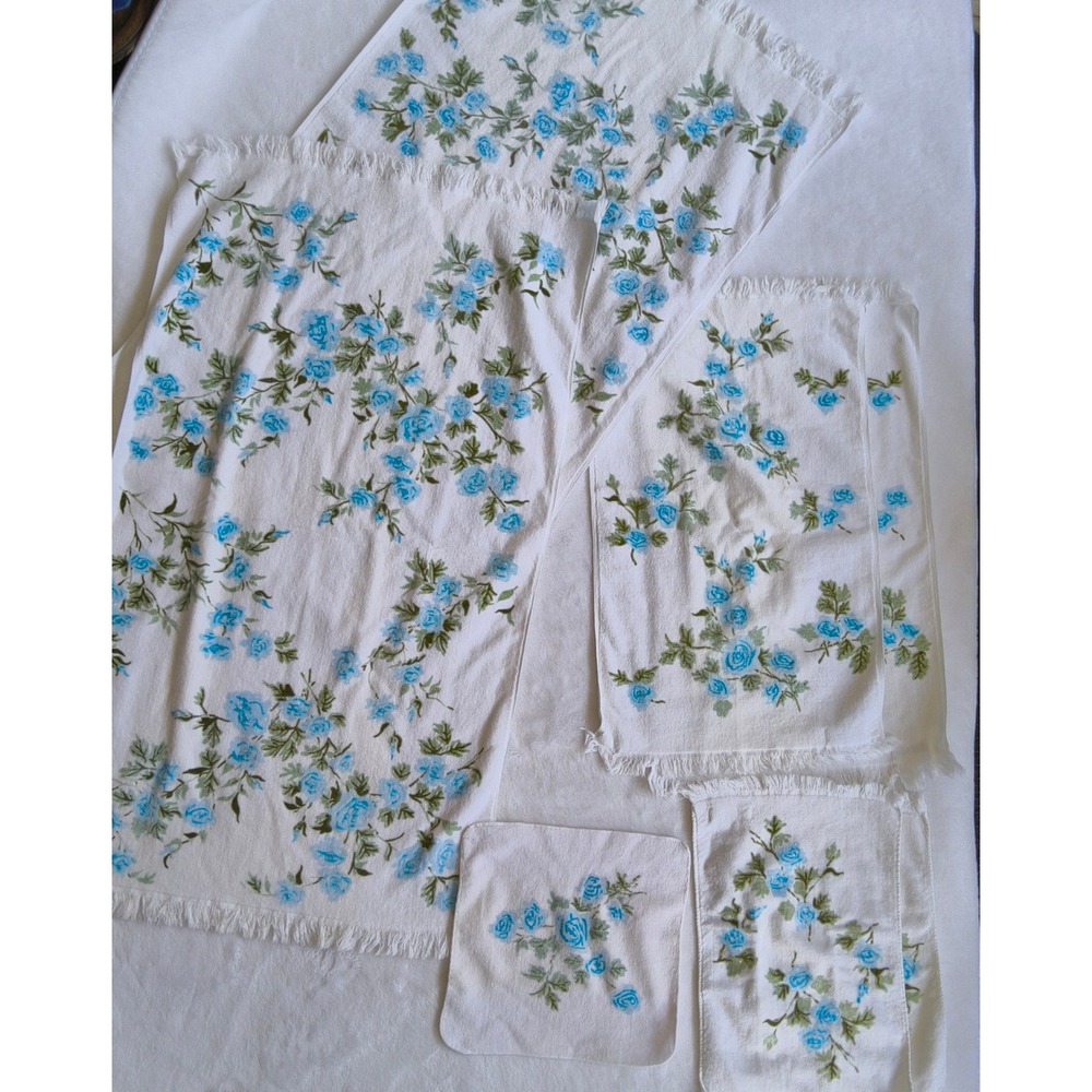 7 Vtg Martex Terri-Down Towel Set West Point Pepperell Blue Floral Fringe MCM
